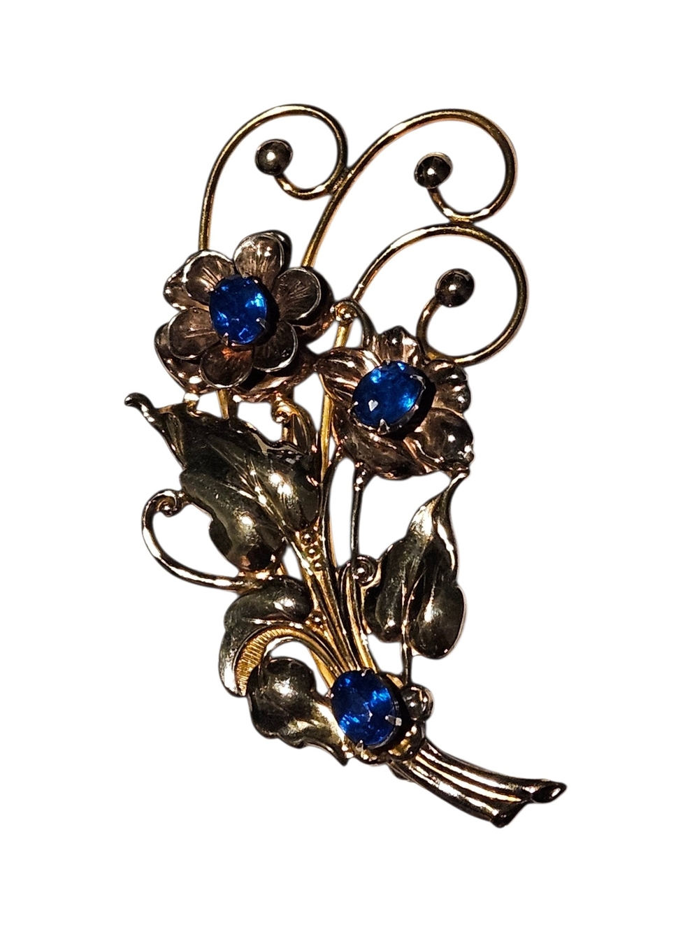 12k Gold Filled Over Sterling Silver Vintage Floral Brooch Pin Blue Crystal